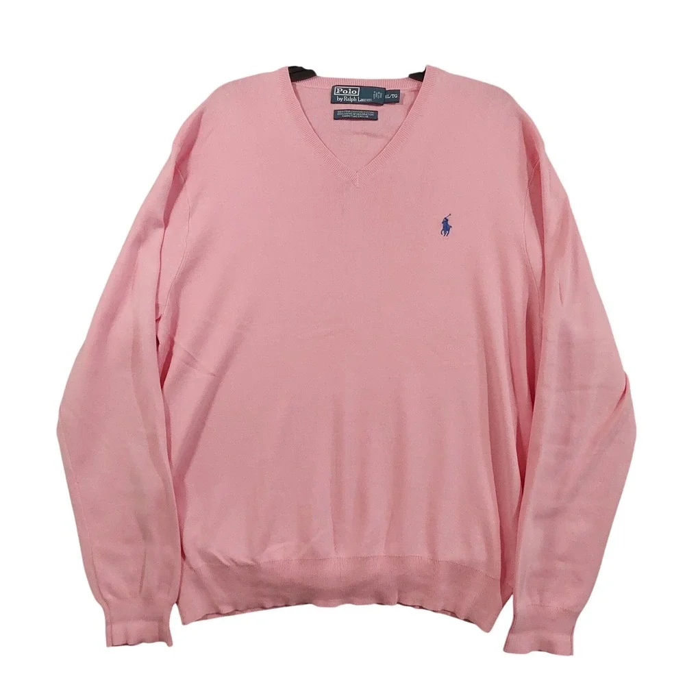Polo Ralph Lauren Sweater Mens XL Pink Pima Cotton V-Neck Blue Pony Logo 11822